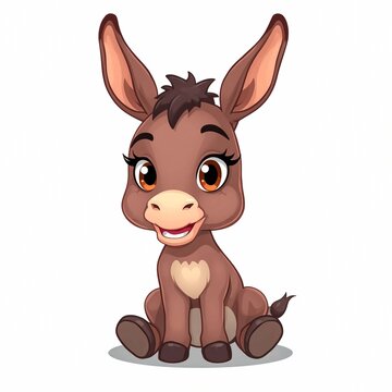 Adorable cartoon donkey sitting and smiling with big expressive eyes