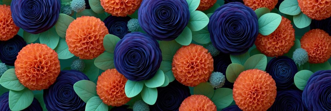 Closeup seamless floral pattern with purple rosette and orange pompom flowers for decorative background wallpaper and textile design
