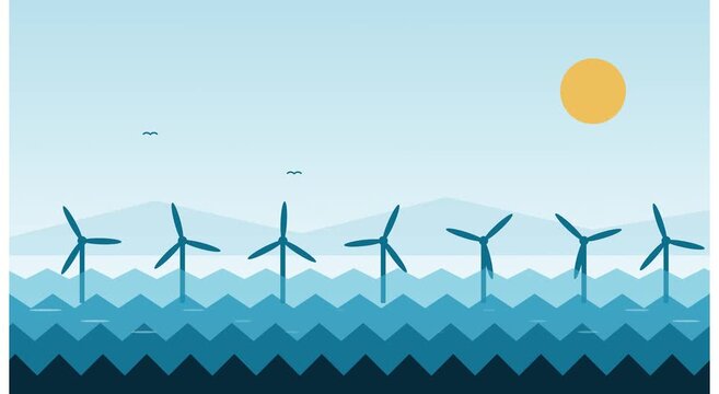 Offshore wind farm energy animation: sustainable power generation concept animation