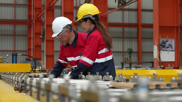A team of engineers and staff are inspecting the production line system at a metal sheet and roofing factory. (4K video)