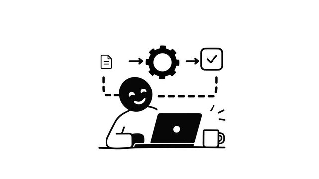 Animated stick figure working on a laptop with a workflow diagram showing document processing through a gear to a checkmark. Minimalist doodle animation for automation and productivity.