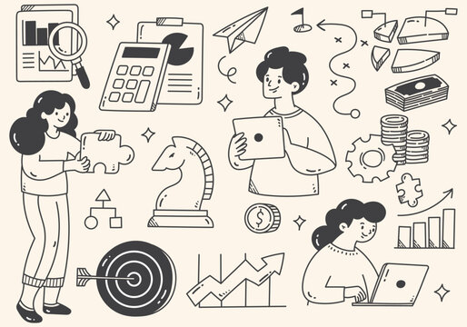 Project strategy and leadership icons set featuring business people working on creative goals.