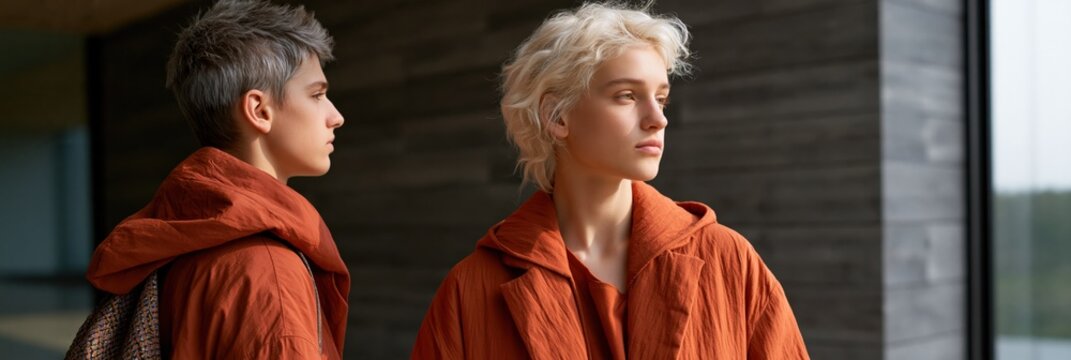 Two young models in orange hooded coats side view and three quarter portrait for fashion banner and lookbook background
