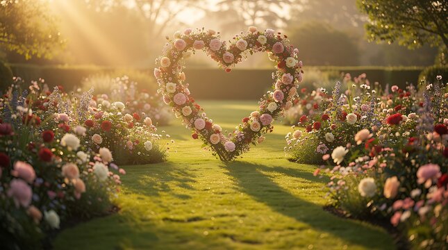 romantic floral heart shaped archway in rose garden