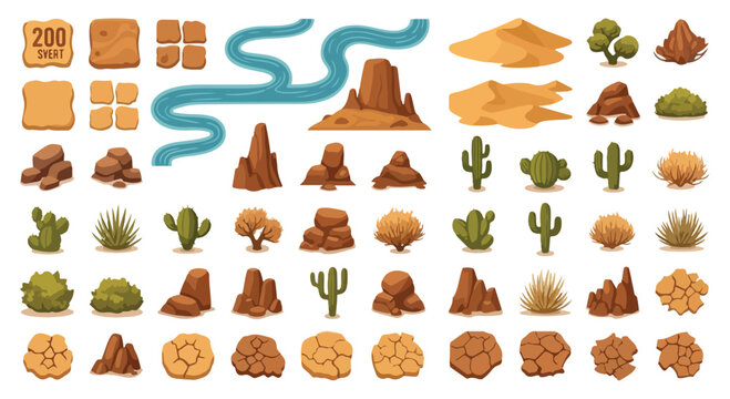 Desert landscape game assets, 200 items set with cactus and rocks, cartoon canyon environment elements, dry wilderness vector kit for mobile apps