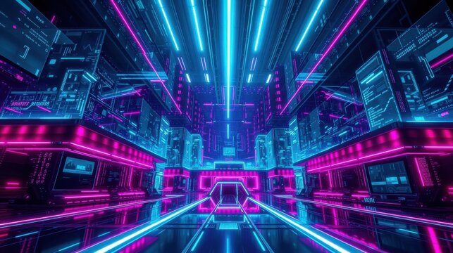 Futuristic corridor. Neon lights illuminate complex digital structures. Symmetry creates intense perspective, vibrant blues, pinks dominate scene.