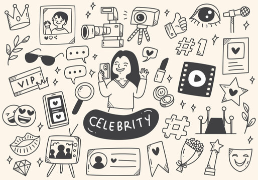 Doodle art collection of celebrity icons and symbols for entertainment and fame.