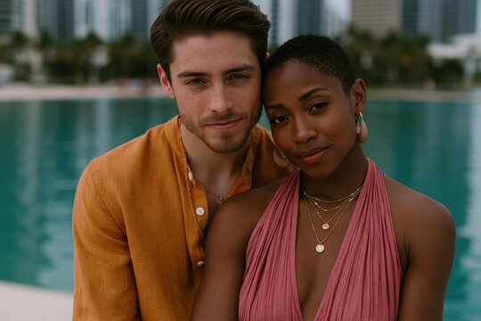 Young mixed couple posing by pool with city skyline for lifestyle portrait and romantic banner background