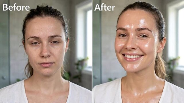 Before vs after glass skin woman skincare glowing healthy smooth hydrated transformation beauty facial radiant natural happy expression, showcasing visible transformation to hydrated glowing smooth