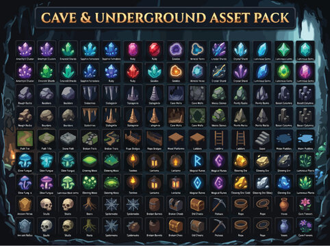 Cave and underground asset pack, fantasy game icons with crystals and rocks, dungeon environment elements for RPG interface, 150 vector icons set