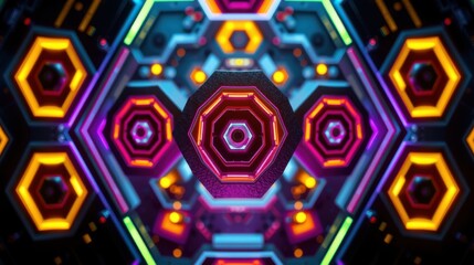 Fototapeta premium Hexagonal tunnel, vibrant neon lights. Complex geometric patterns create mesmerizing symmetry. Dark background emphasizes glowing colors.