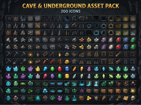 Cave and Underground Asset Pack with 200 Icons, Fantasy RPG Game UI Elements, Mining Tools and Crystal Gems Vector Set for Level Design