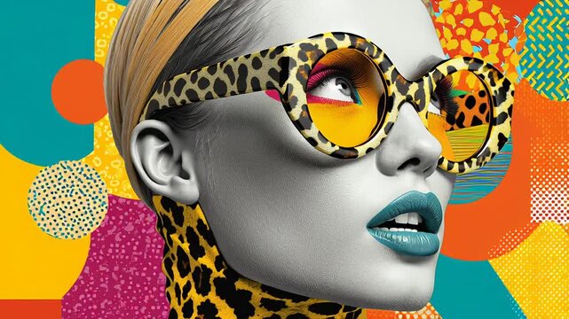 Vibrant pop art portrait caucasian model wearing leopard print sunglasses and red lipstick, geometric color blocks, animal print textures, halftone dots, neon