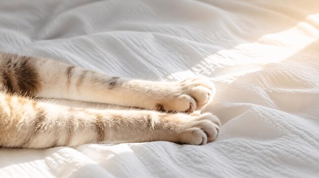 A serene close up of cat paws stretching toward a bright morning sunbeam on soft white bedding captured on May 1 2026, showcasing a peaceful moment of waking up in a sunlit cozy room setting.