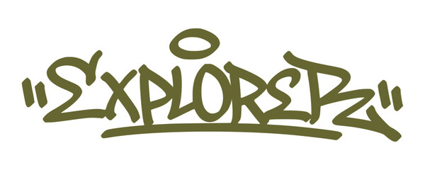 Dark green explorer graffiti tag lettering with halo on white background. Adventure and travel themed urban street art for outdoor branding and creative expedition graphics. © dirtyfellas