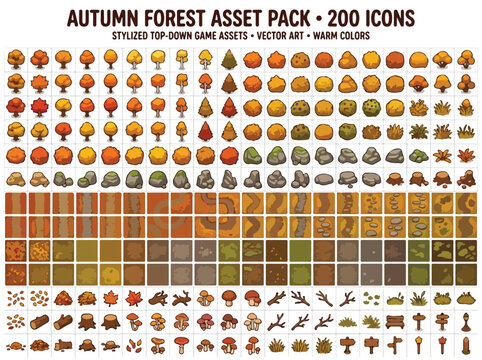 Autumn forest asset pack with 200 icons, stylized top-down game assets in warm colors, vector nature environment elements for map design
