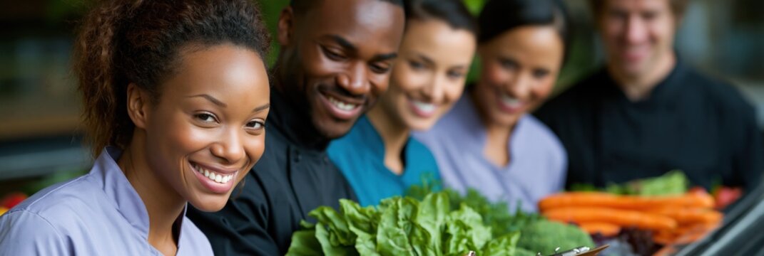 Diverse smiling volunteer team holding fresh vegetables at a community market for healthy eating banner and charity outreach background