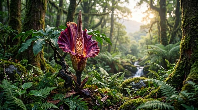 Exotic corpse flower blooming in a lush tropical rainforest setting