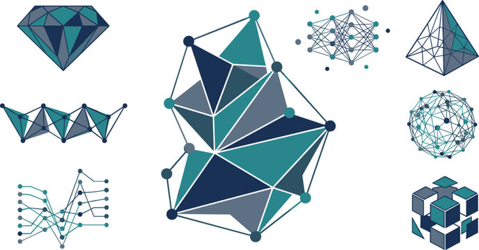 Abstract 3D geometric shapes with low poly crystal structures network data nodes and diamond prisms vector illustration