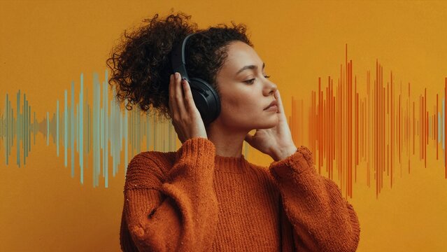 Young woman listening to music with headphones and audio waveform graphics