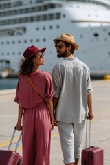 Fototapeta premium Young couple at cruise port with luggage and ship in background for travel banner and vacation poster design
