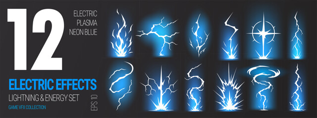 Bolt lightning effect and anime thunder light with energy background blue. Abstract circle storm and flame ball 3d with sprite line white. Black anime thunder and graphic bolt comic with action. © Rina Antipina