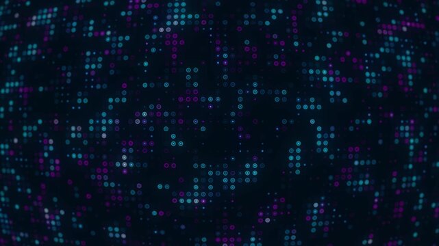 Abstract Digital Gride Big Data Loop Background, Flickering and Shimmering with Blue and Purple Neon Dots in a Futuristic Setting