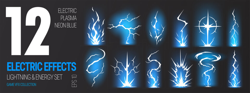 Bolt lightning effect and anime thunder light with energy background blue. Abstract circle storm and flame ball 3d with sprite line white. Black anime thunder and graphic bolt comic with action.