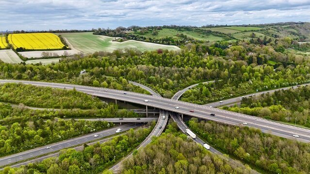 Aerial drone view of M25 Junction 7 / M23 Junction 8 stack interchange at Merstham, Surrey