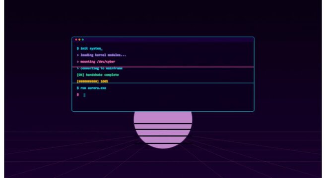 Retro cyber terminal interface loading system data animation