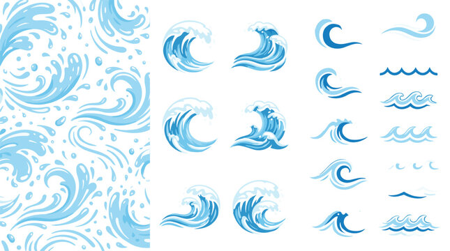 Blue ocean sea water wave elements and seamless pattern set with hand drawn splash swirls for summer background vector