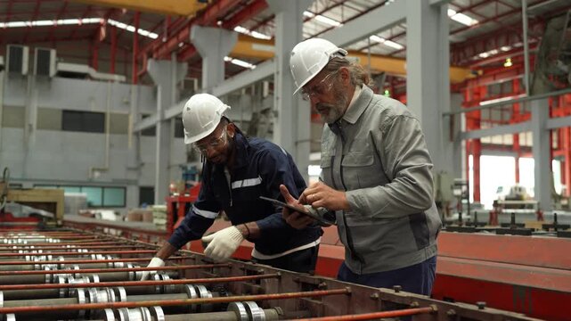 A team of engineers and staff are inspecting the production line system at a metal sheet and roofing factory. (4K video)