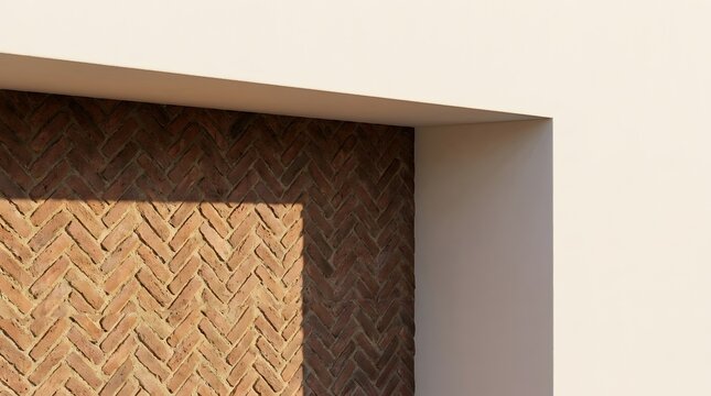Architectural background with herringbone brick wall and smooth plaster corner casting sharp shadow