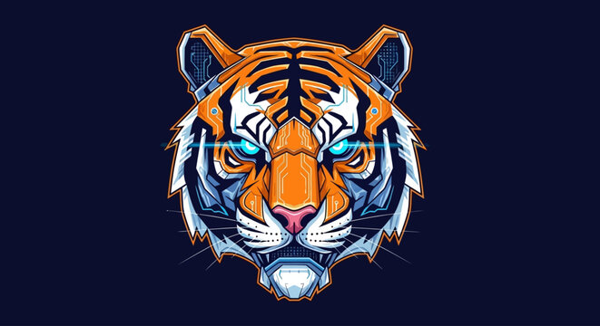 &ldquo;Cyberpunk tiger head vector, neon orange and blue accents, futuristic geometric flat illustration, glowing eyes, modern tech mascot style&rdquo;