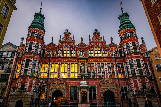 Ancient gothic building of historic armoury in Gdansk at night	