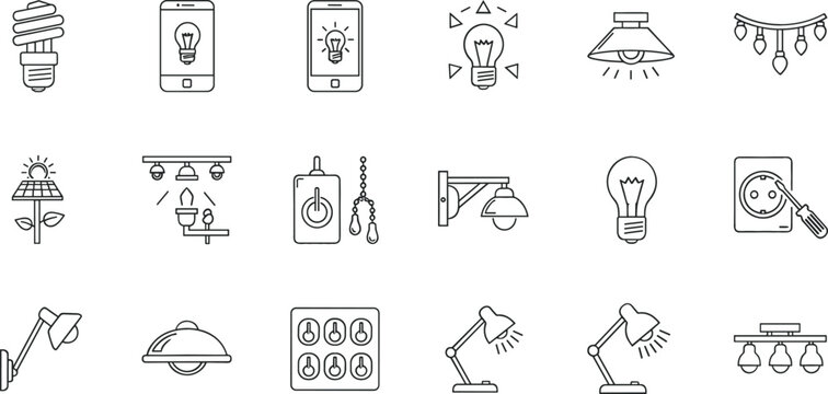Lighting and Electrical Outline Icon Set Featuring Lamps, Bulbs, Chandeliers, Switches, and Smart Lighting Elements in Minimal Line Art Style