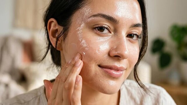 Extreme close up of woman with glass skin glowing complexion smooth texture healthy radiance natural beauty skincare routine moisturizing youthful appearance serene expression applying moisturizer to
