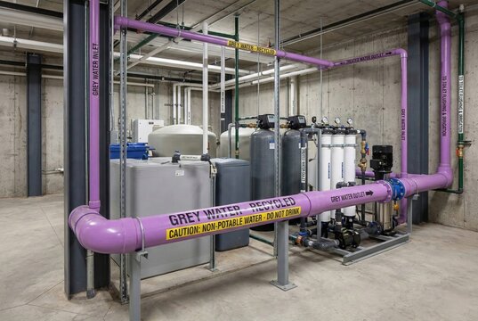 Purple pipes of a commercial grey water recycling system in building basement