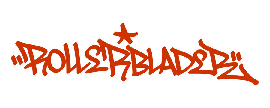 Orange rollerblader graffiti tag lettering with star symbol on white background. Inline skating themed urban street art for extreme sports and creative streetwear design.