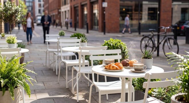 Sunny urban cafe terrace with steaming coffee and fresh pastries on white tables, blurred city street and pedestrians in background, perfect for a morning breakfast.
