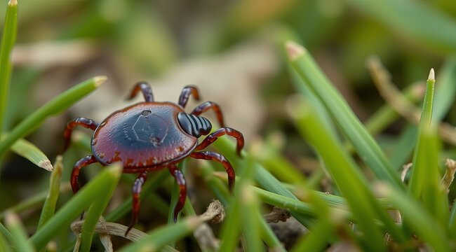 Macro shot of a red tick on green grass. Clear detail of the insect in its natural habitat. Bright contrast between the tick and the grass.