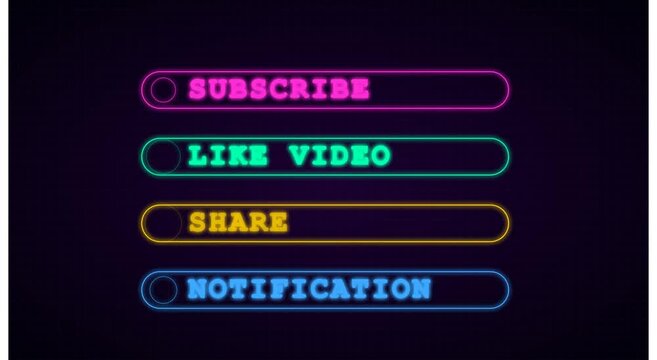 Subscribe like share notification neon buttons for social media animation