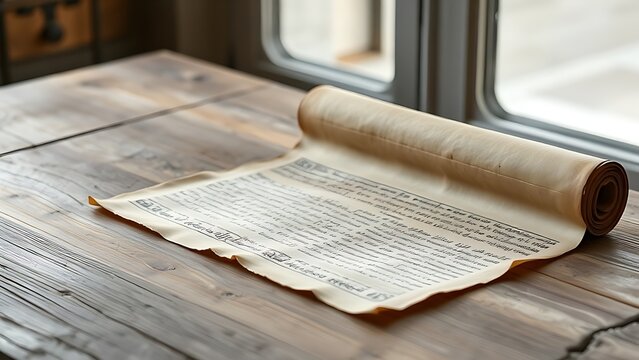 Ancient papyrus scroll with hieroglyphics on a rustic wooden table.