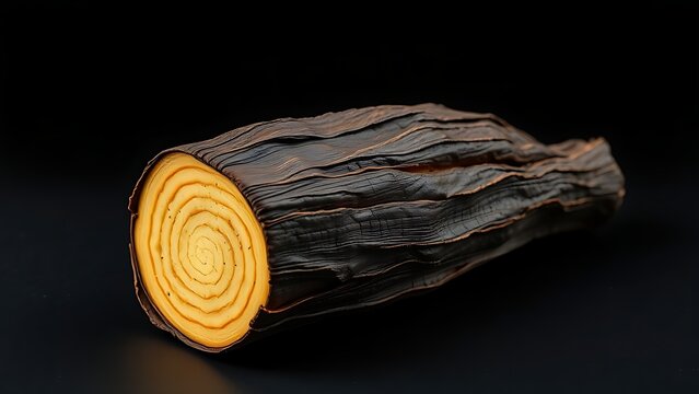 A single piece of dried licorice root with a pale yellow interior, on a dark surface.