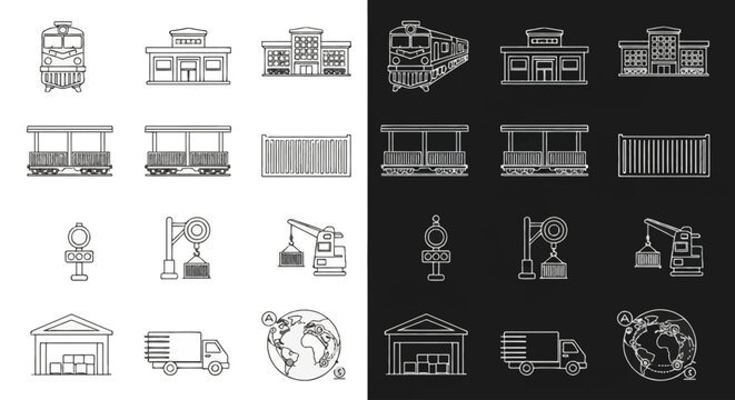 Collection of various transportation and logistics icons, including trains, stations, cargo containers, cranes, trucks, and warehouses, presented in a clean line art style.