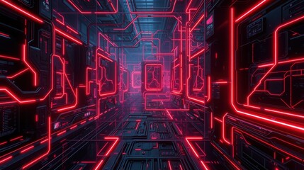 Obraz premium Futuristic corridor glows with vibrant red neon lines. Complex circuitry dominates dark metallic walls, creating immersive space.