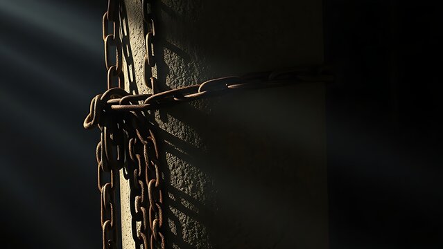 Ancient stone pillar bound by heavy, rusty iron chains, dramatic lighting.