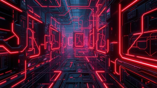 Futuristic corridor glows with vibrant red neon lines. Complex circuitry dominates dark metallic walls, creating immersive space.
