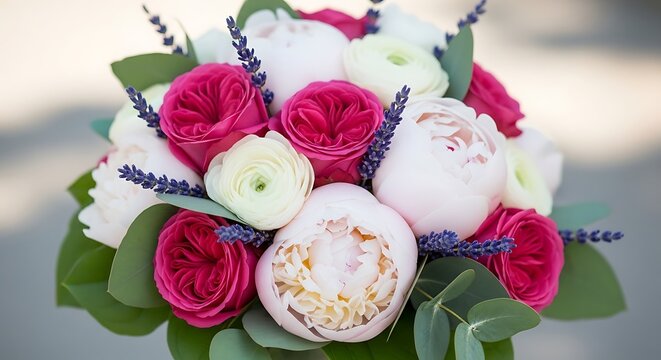 Beautiful bouquet of pink roses white peonies and lavender flowers with green leaves arrangement