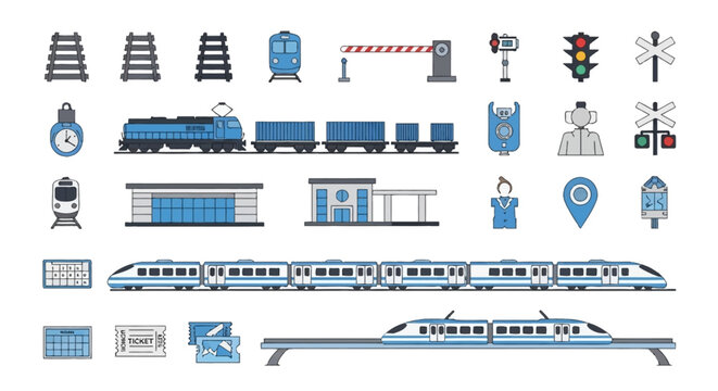 A comprehensive set of flat design icons and illustrations depicting various elements of railway transport, including trains, tracks, stations, signals, and related objects.